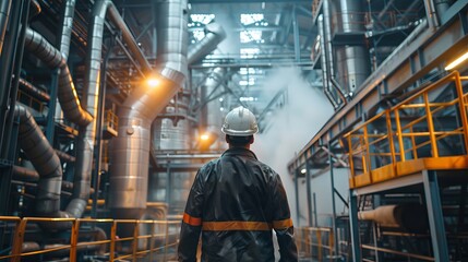 The image shows a factory worker in a hard hat walking through industrial facilities.