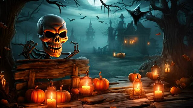 Halloween Day  , Skeleton and Pumpkins in graveyard at full moon night , Holiday event halloween banner background concept