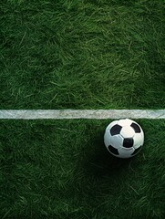 Top View of a black and white Soccer Ball next to a white Line on a green Pitch. Football Wallpaper
