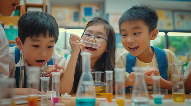 Children at science lessons. Generative AI