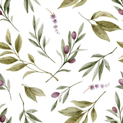 Watercolor vector seamless pattern with olives and green foliage. Hand painted illustration. Design for wrapping paper, textile, print, fabric, background.