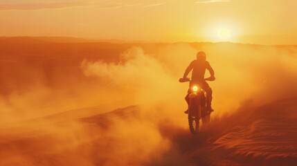 Fototapeta premium It's Sunset, and the off-road track is covered in smoke/mist. Professional Motocross Motorcycle Rider Driving Over Dune.