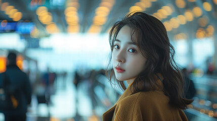 Close-up portrait of an elegant young Asian woman in a stylish mustard coat, gazing back over her shoulder in a busy airport terminal.