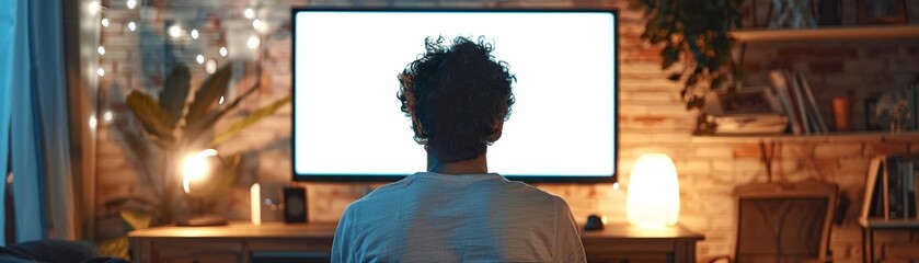 Fototapeta premium A young man sits at his desk, focused on his computer with a blank white screen, immersed in his work at home.