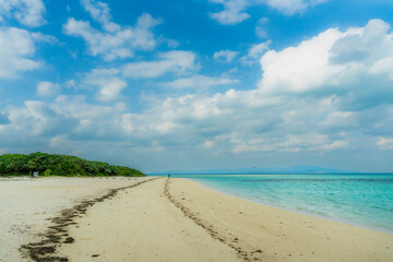沖縄県竹富島まぶしい砂浜、青い空、透き通る緑の海