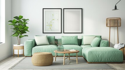 Black border frame mockup,Home living room interior with light green sofa,Wall poster background,3D render