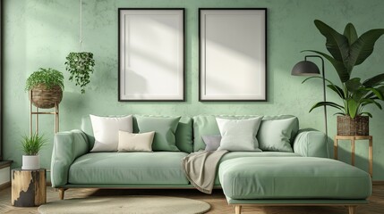Black border frame mockup,Home living room interior with light green sofa,Wall poster background,3D render