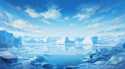 A beautiful painting of an arctic landscape. The blue sky is filled with clouds and the icebergs are floating in the water.