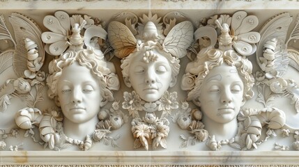 A white marble sculpture of three women with flowers and butterflies, AI