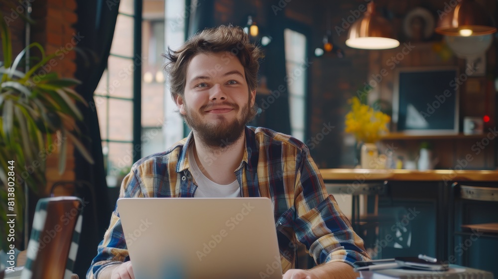 Poster his sweet smile reflects charm as he works on a laptop while he thinks about a problem solution. he'