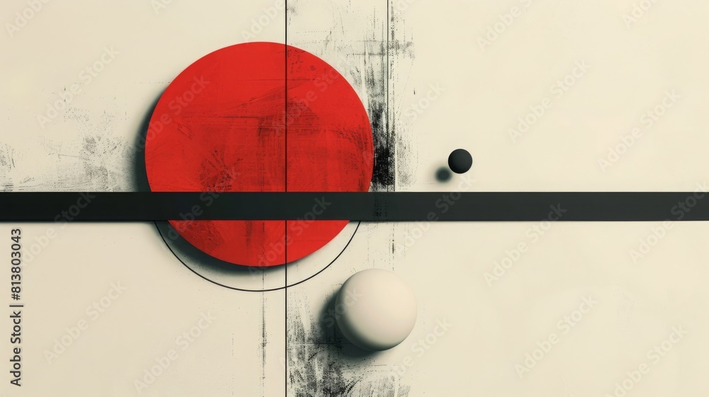 Poster A composition of a red circle intersected by a black horizontal line with a white and a black sphere.