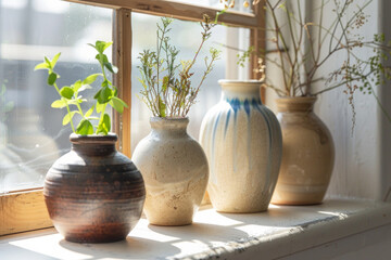 Handcrafted pottery vases bathed in sunlight, arranged artfully on a sunlit windowsill, showcasing craftsmanship, elegance, and the beauty of handmade art. Perfect for home decor.