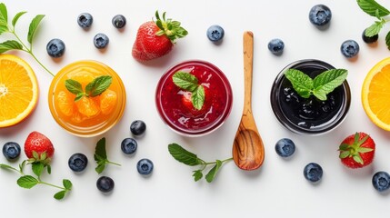 Strawberry, orange and blueberries jam with wooden spoon isolated on white background