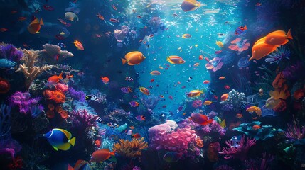 Underwater world full of life. Colorful fishes swim near a beautiful coral reef.