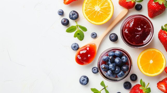 Strawberry, orange and blueberries jam with wooden spoon isolated on white background