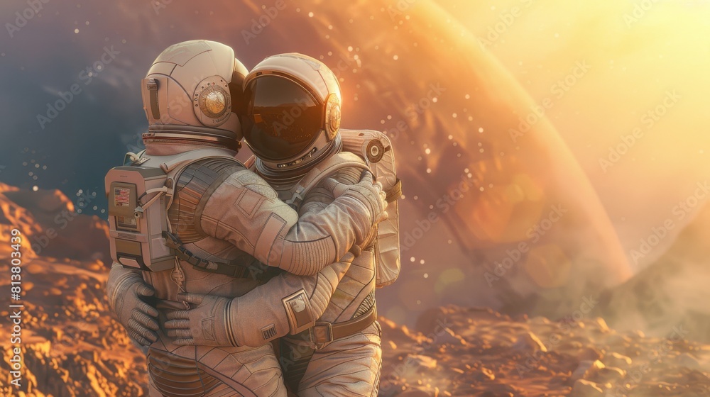 Wall mural space travel concept illustration of two astronauts in space suits hugging on the surface of an alie - Wall murals
