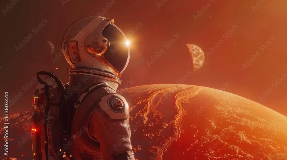 Canvas Prints a low-angle shot of a brave astronaut in a space suit looking around a red and orange planet that is - Canvas Prints