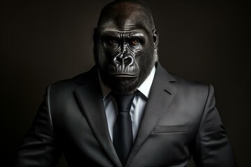 Powerful image of a gorilla with a human body, dressed in a sharp suit, exuding authority