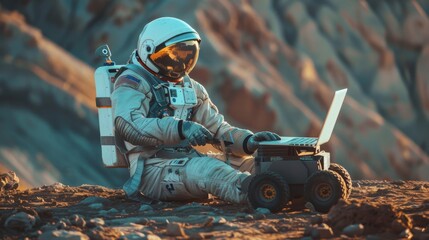 In this video, an astronaut uses a laptop to adjust Rover on a new alien planet, possibly Mars. A day-light high-tech mission to discover and colonize habitable planets is shown.