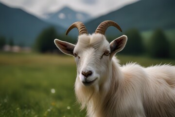 Fototapeta premium goat with horn at green pasture