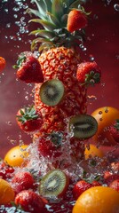 Fruits flying in the air, strawberries and pineapples floating on red background, oranges and kiwis falling from top to bottom with water drops, high resolution ，Vibrant Fruits in Mid-Air - Dynamic 4K