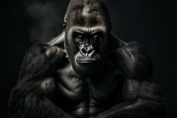 Close-up of a powerful gorilla with a dark, contemplative expression against a black background