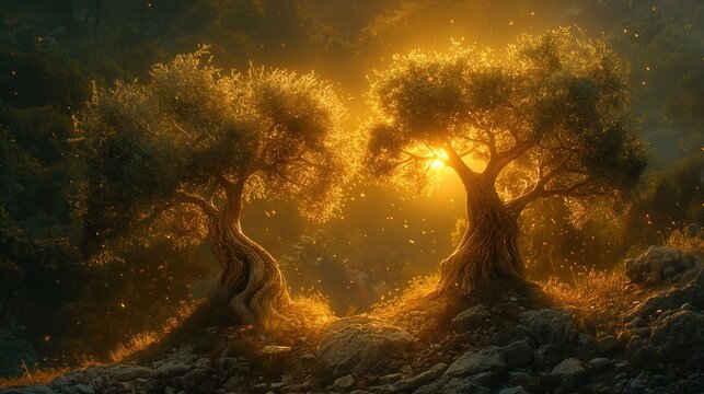 two olive trees with bright sunburst  sunlit  light, idea for revelation 11, Generative Ai