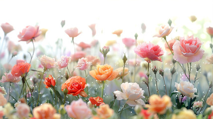 Obraz premium A watercolor showcasing a cluster of soft light pastel lilies and verdant clover against a white background. In the distance lies a long field of cherry blossoms, rendered in the style of clipart.
