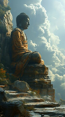 Beautiful Rock Statue of Buddha in Mountain on Blurry Background