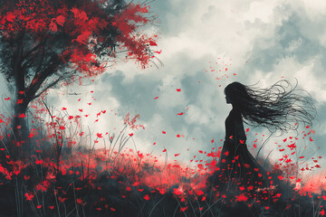 A woman is walking through a field of red flowers