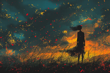 A woman stands in a field of red leaves and grass