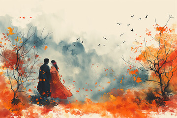 A couple is walking in a forest with birds flying in the background