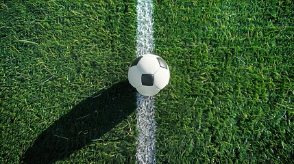 Obraz premium Top View of a black and white Soccer Ball next to a white Line on a green Pitch. Football Background