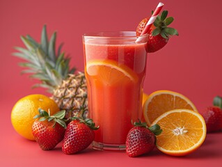 Fresh tropical fruits isolated on red defocused background, strawberry pear pineapple orange organic, close up natural detox juice fruit，Vibrant Tropical Fruits on Red Defocused Background - 4K HD Wal