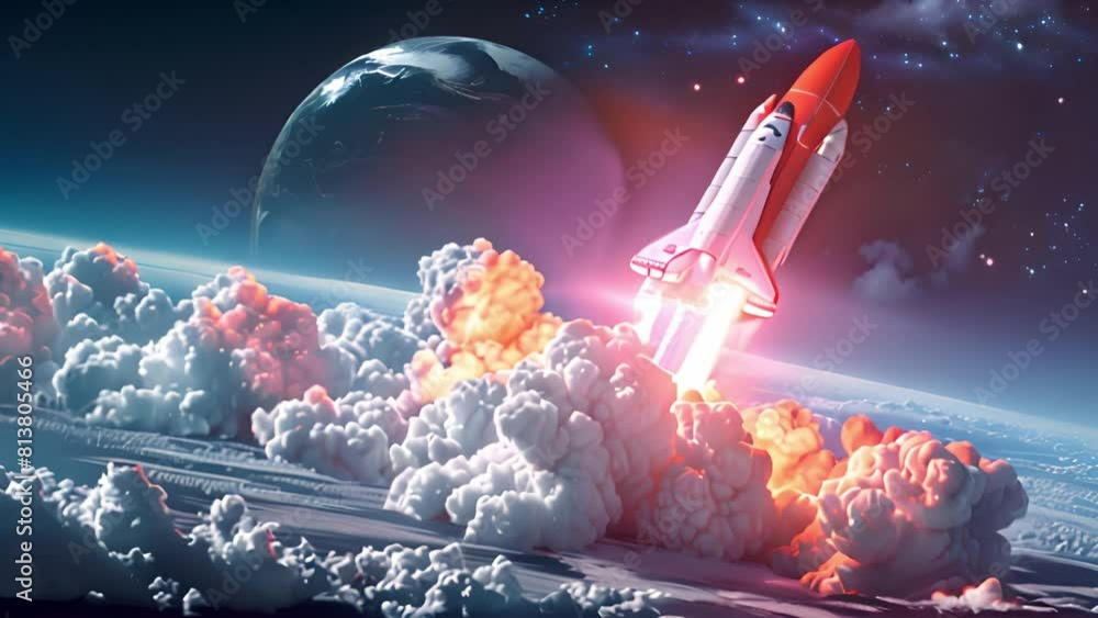 Poster a space shuttle is flying through the sky, propelling forward with immense power and speed