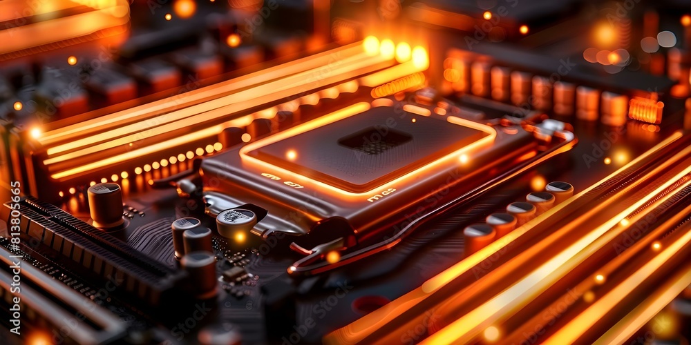 Poster closeup macro photo of memory hardware with neon led lights tech device. concept technology photogra