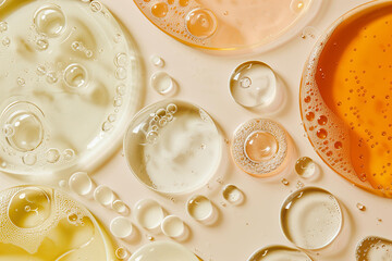 serum or oil swatches in different textures on a pastel light orange background