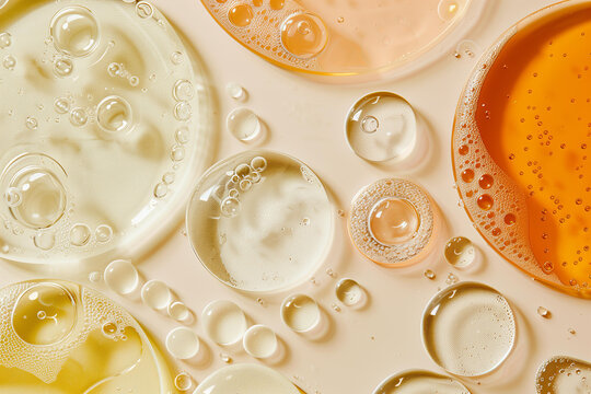 serum or oil swatches in different textures on a pastel light orange background