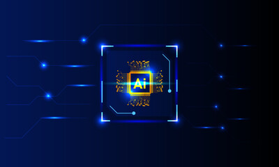 Artificial intelligence concept. Brain circuit board technology on blue background. Innovation and idea.