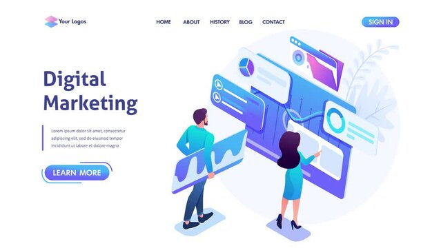 Isometric concept young entrepreneurs insist data for digital marketing, advertising on the Internet. Template landing page for website