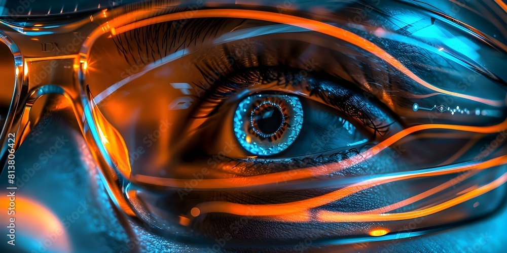 Poster close-up view of advanced augmented reality eye technology. concept augmented reality, advanced tech