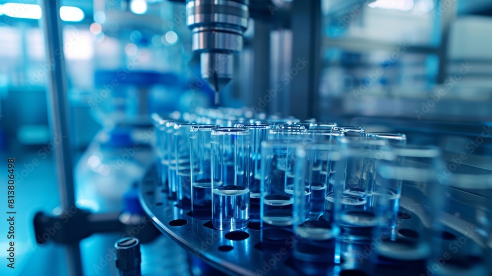 Poster close-up view of a machine used to create medical test tubes, including the process of sterilizing a