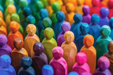 Multicolored wooden figurines gathered closely, depicting diversity or population concept from a top-down perspective - Powered by Adobe