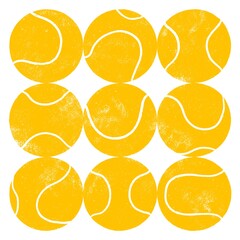 Classic yellow tennis balls lined up in rows. Fun sport illustration composition, isolated on white background