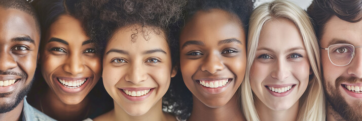 A group of diverse friends showing different ethnicities smile brightly together