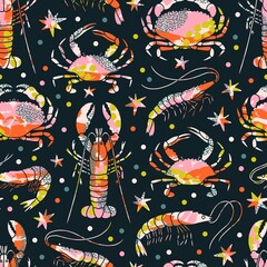 Fun, beautiful and elegant marine design with various crustaceans, painted with bright abstract textures. With stars and confetti polka dot at the background. Seafood seamless pattern illustration