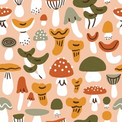 Mushroom forest story print with little cartoon fungus on pink background. Cartoon style seamless pattern illustration