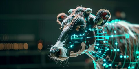 A cow overlaid with a cybernetic interface, suggesting advanced biotechnology and future farming practices