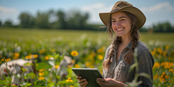 Cheerful woman in a sunhat using a tablet in a sunflower field with a dog