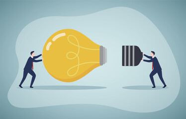 Two businessmen associate the idea of a light bulb part. Business strategy, teamwork concept vector illustration.